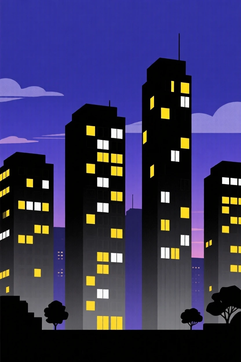 A city skyline with illuminated office towers at dusk