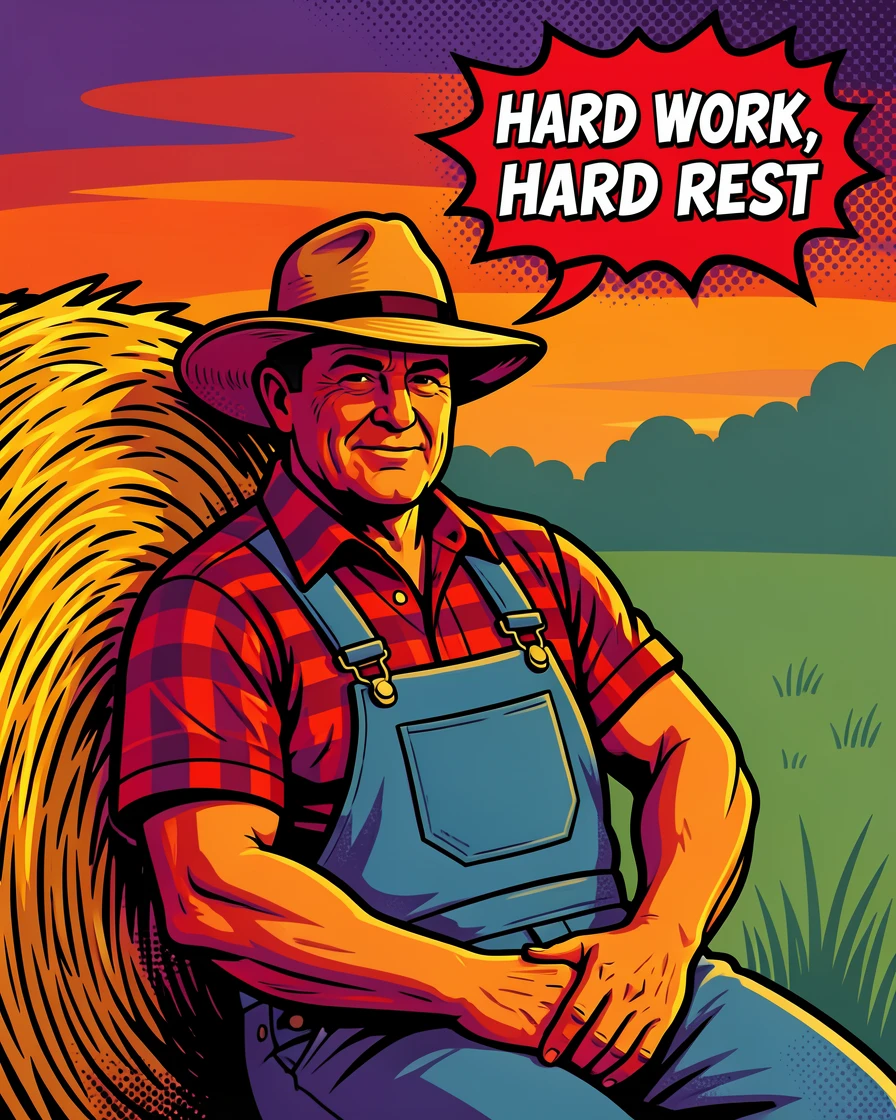 A late afternoon portrait of a farmer resting against a hay bale