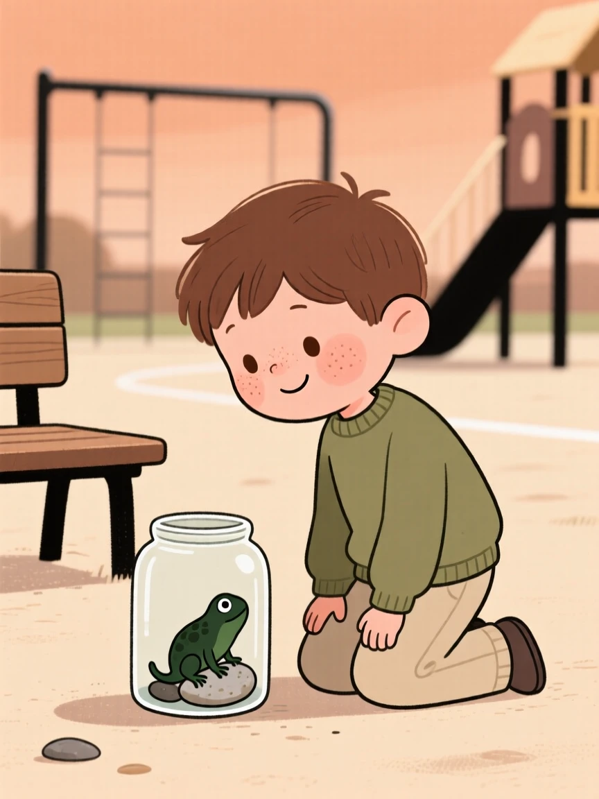 A curious little boy kneels beside a tadpole in a jar in the school playground, watching intently as it climbs over a pebble.