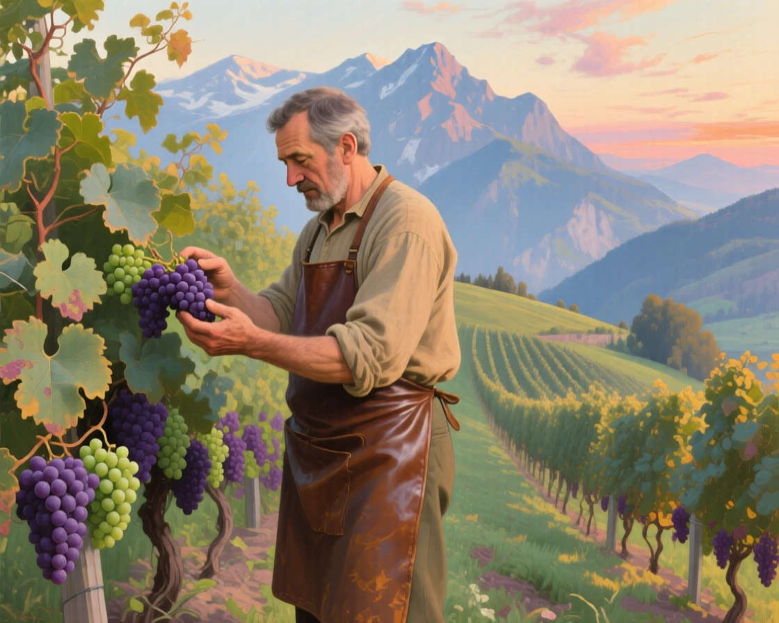 A well-framed scene of a vintner inspecting grapes on the vine before harvest, in the Swiss Alps, in late afternoon.