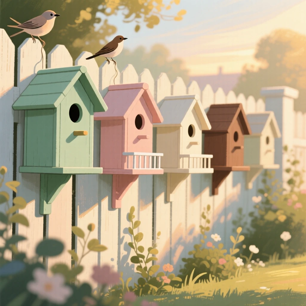 A set of decorative birdhouses displayed along a garden fence