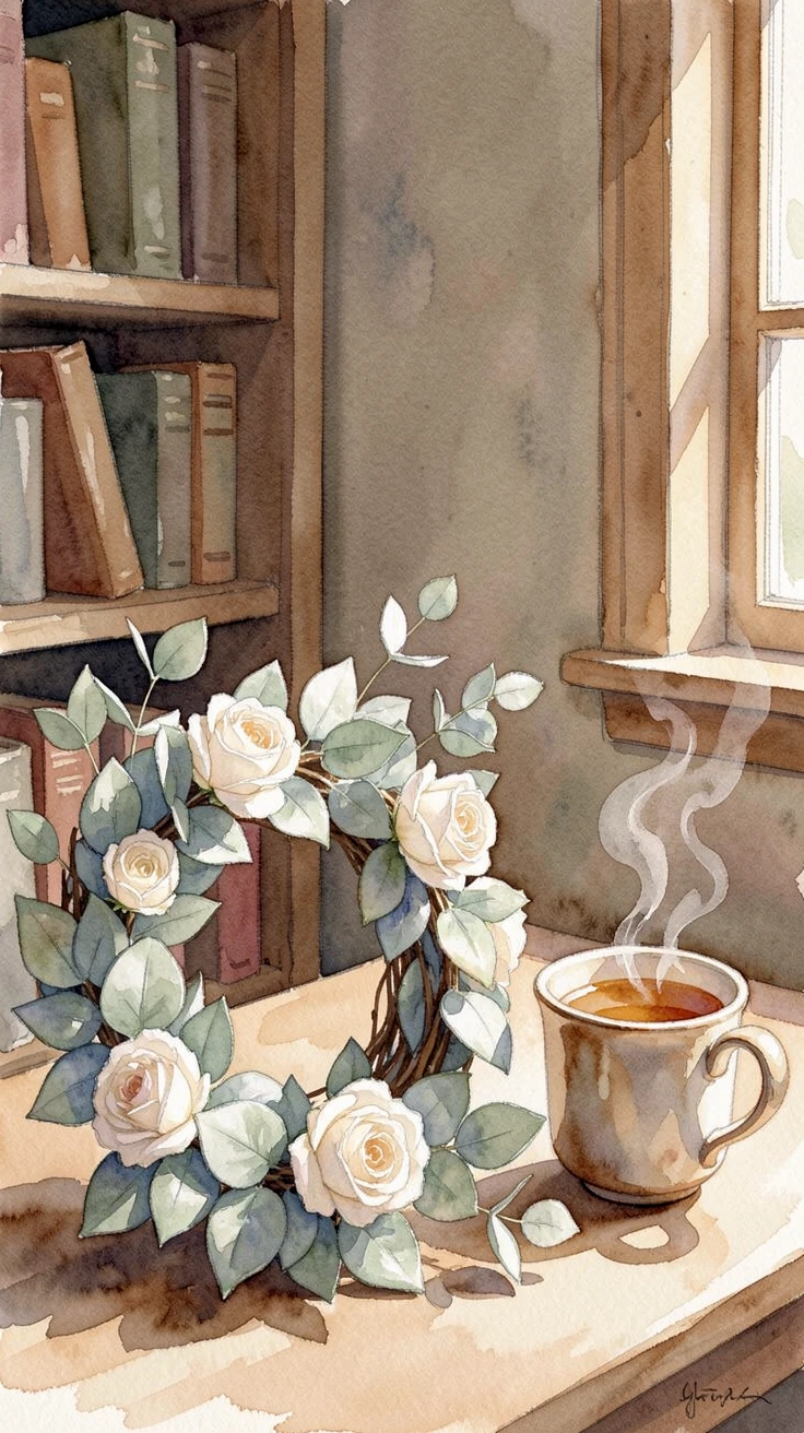 A wreath of eucalyptus and white roses in the corner of a cozy study beside a cup of tea.