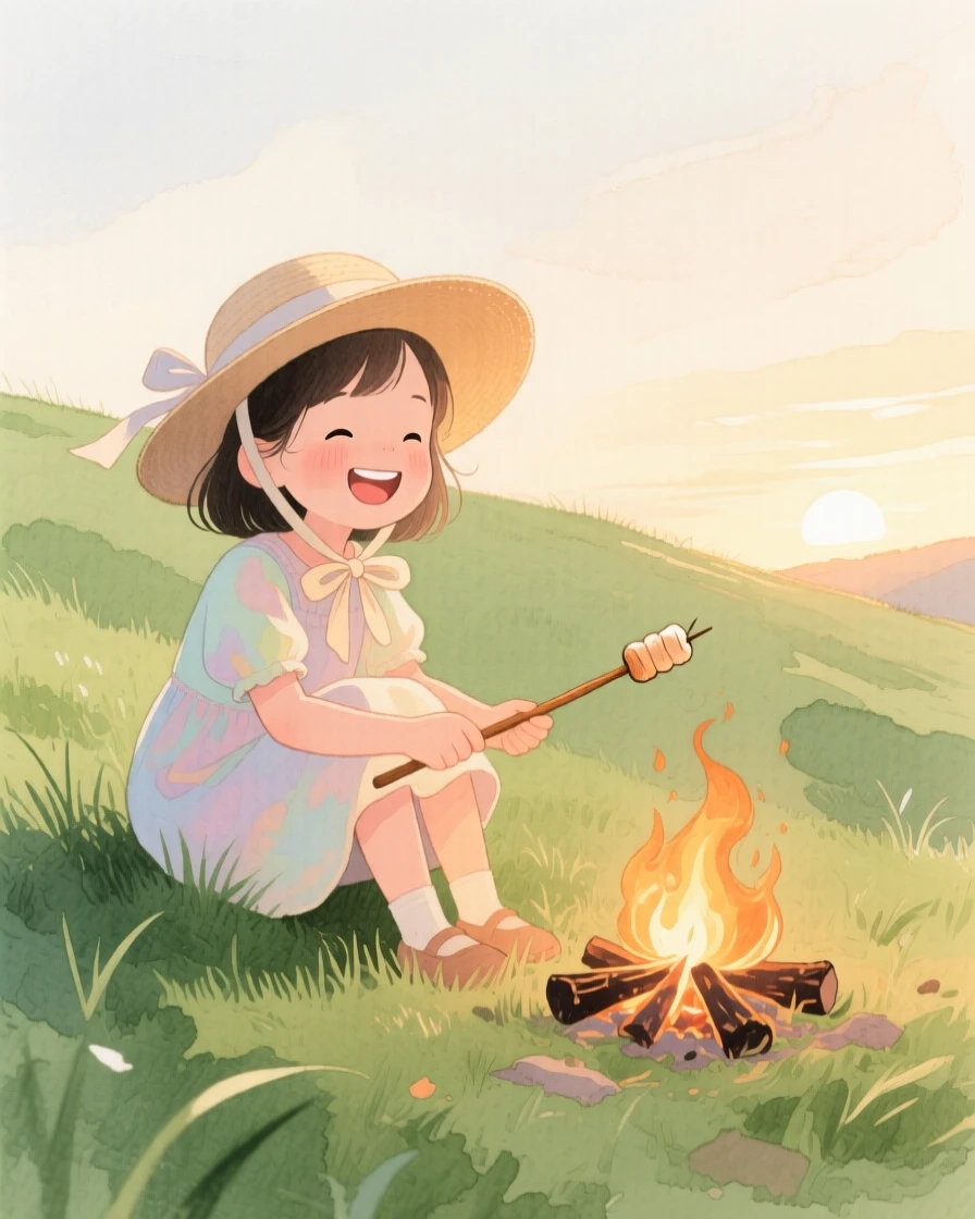 A girl in a sun hat roasts marshmallows over a campfire on a grassy hillside, laughter and joy filling the warm afternoon air