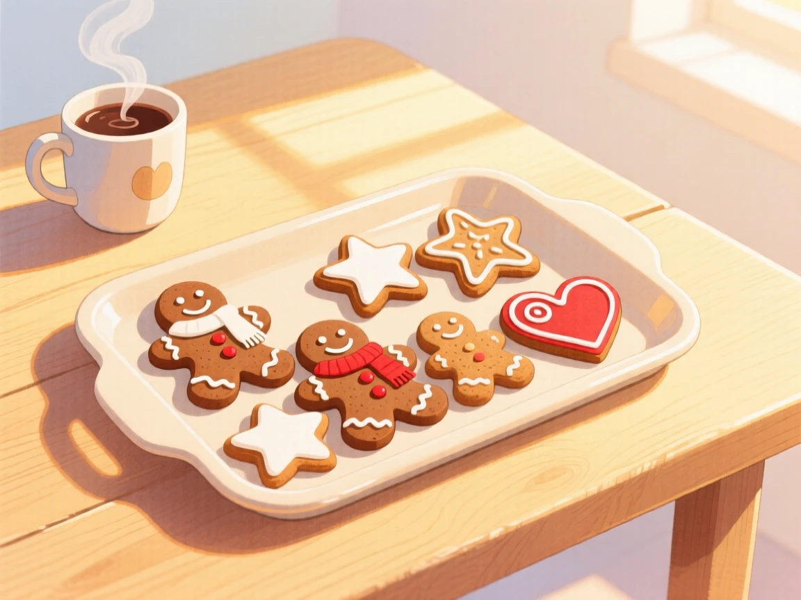 A tray of gingerbread cookies fresh from the oven, arranged invitingly on a sunny table.