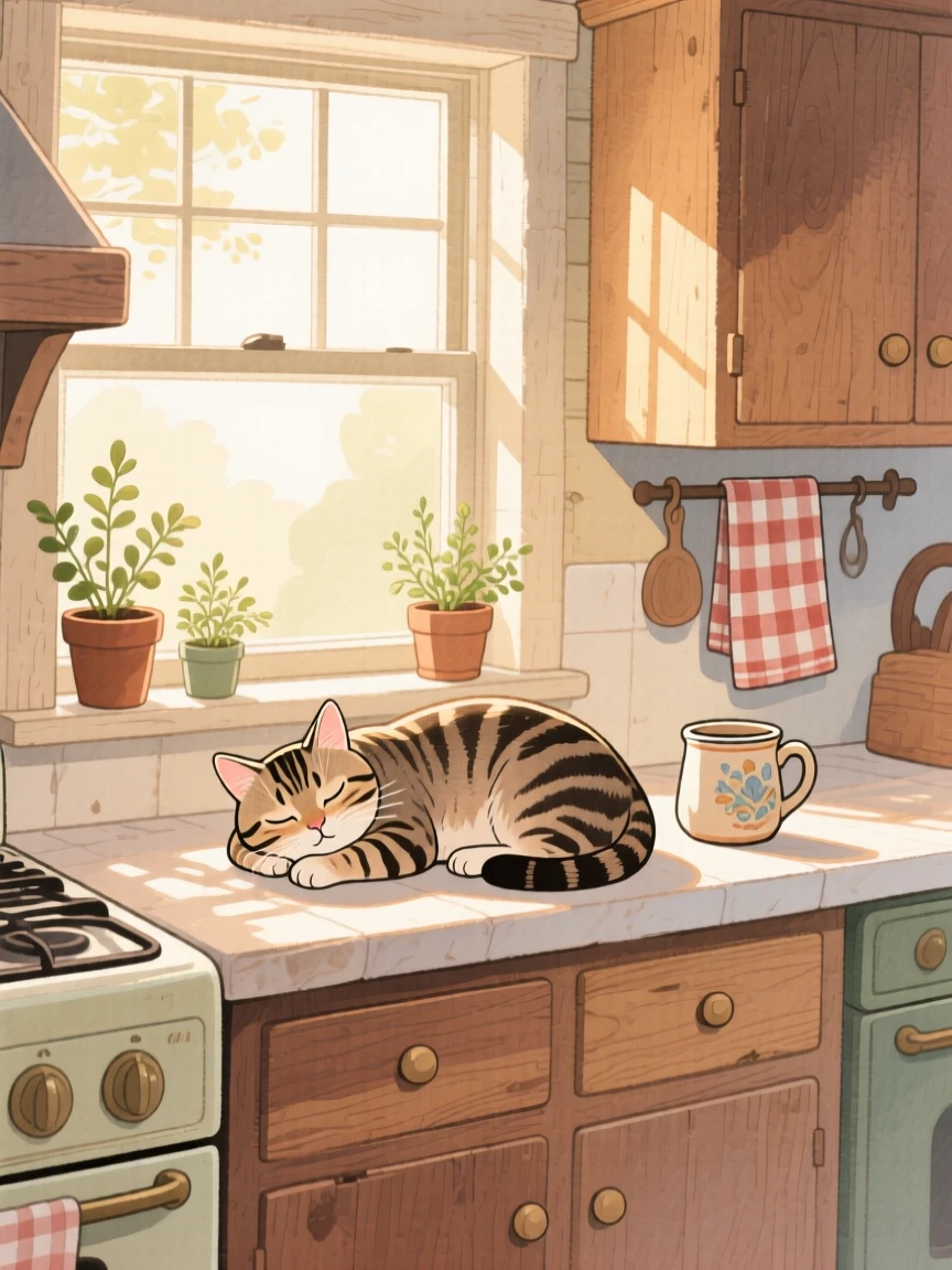 A tabby cat napping in a sunbeam on a windowsill, set in a cozy farmhouse kitchen with morning light streaming in, brimming with cozy comfort.