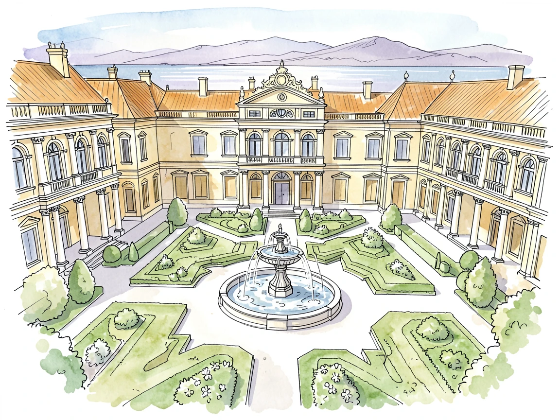A grand palace courtyard with fountains and manicured gardens, distant mountains or sea visible beyond the rooftops.