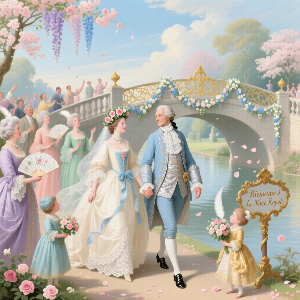 A royal wedding procession crossing a bridge lined with cheering guests  