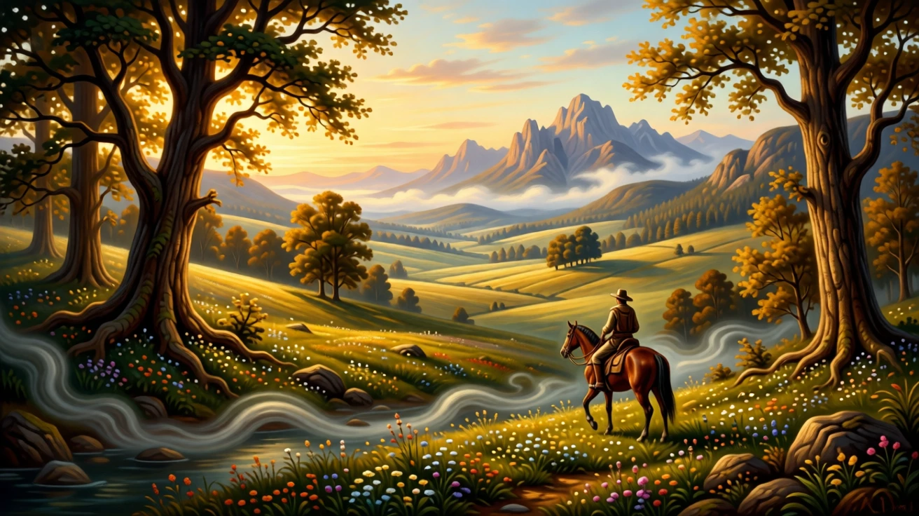A lone traveler rides through a sweeping valley bathed in golden light while mist clings to the ground.