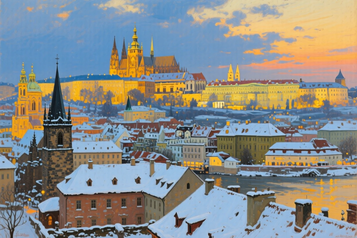 A snow-dusted Prague skyline with its historic castle glowing at twilight, as soft golden hour light bathes every surface and structure, offering a striking, postcard-worthy view of an iconic destination