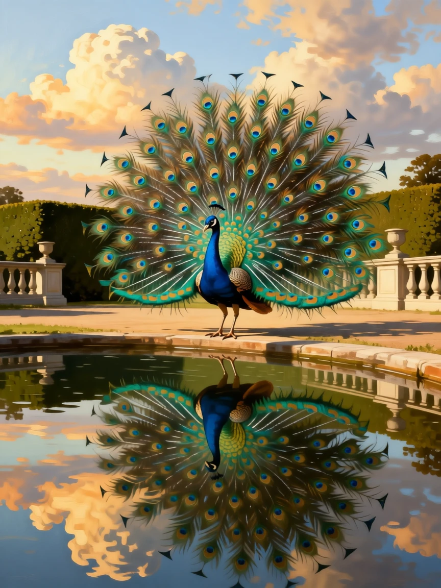 A peacock displaying its brilliant tail feathers in a formal garden in a fleeting instant of natural beauty rarely witnessed, set beside a still lake reflecting a painterly sky, with reflections in still water doubling the beauty of the moment; a low, respectful vantage point lends the creature quiet majesty, capturing a quiet, breathtaking moment of wild grace.