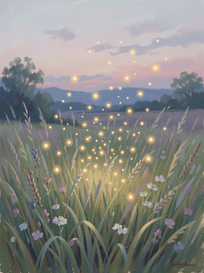 A cluster of fireflies glowing softly above a summer meadow at dusk, in the gentle hush of early morning.