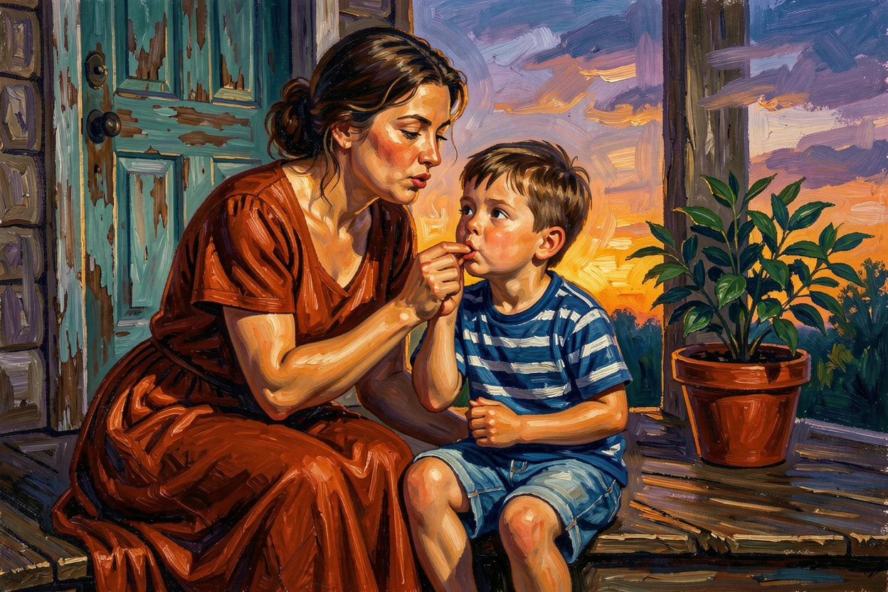 A mother teaching her son to whistle, both sitting on the porch steps at dusk.