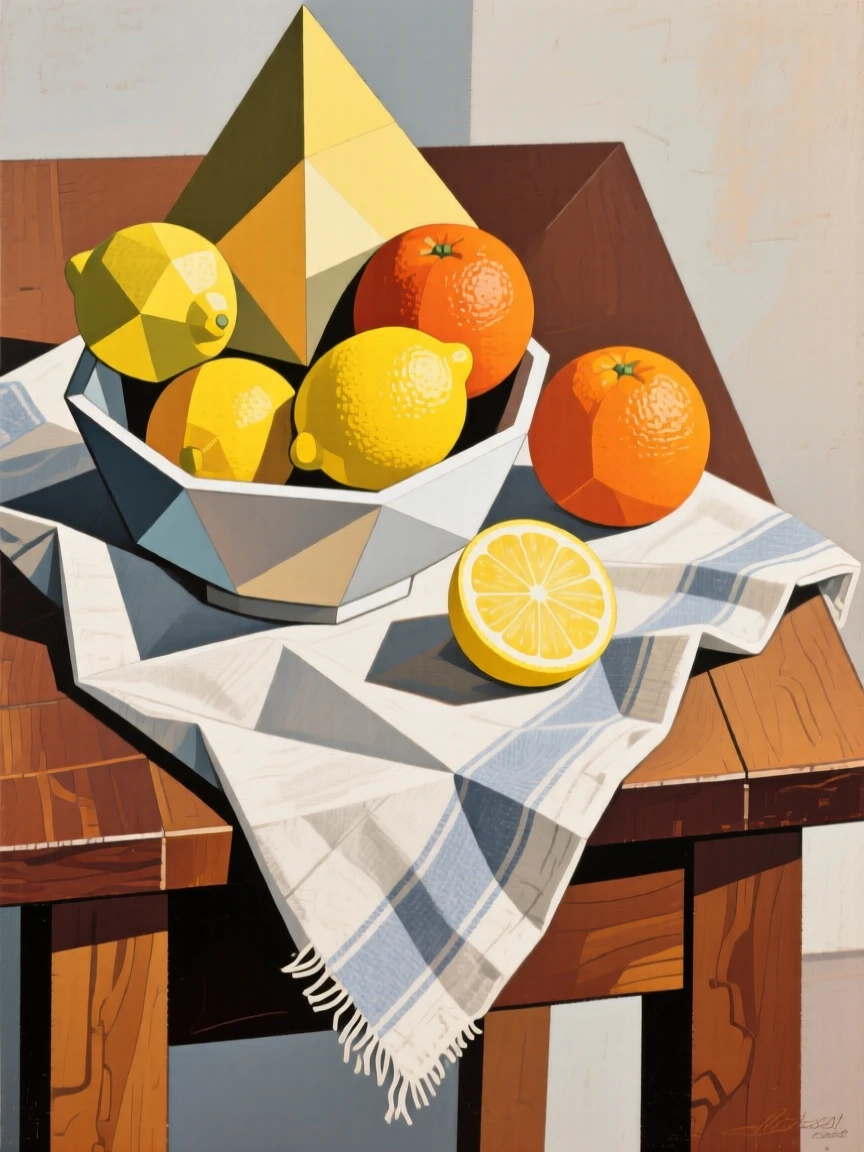 A bowl of lemons and oranges beside a rustic linen napkin on a wooden table.