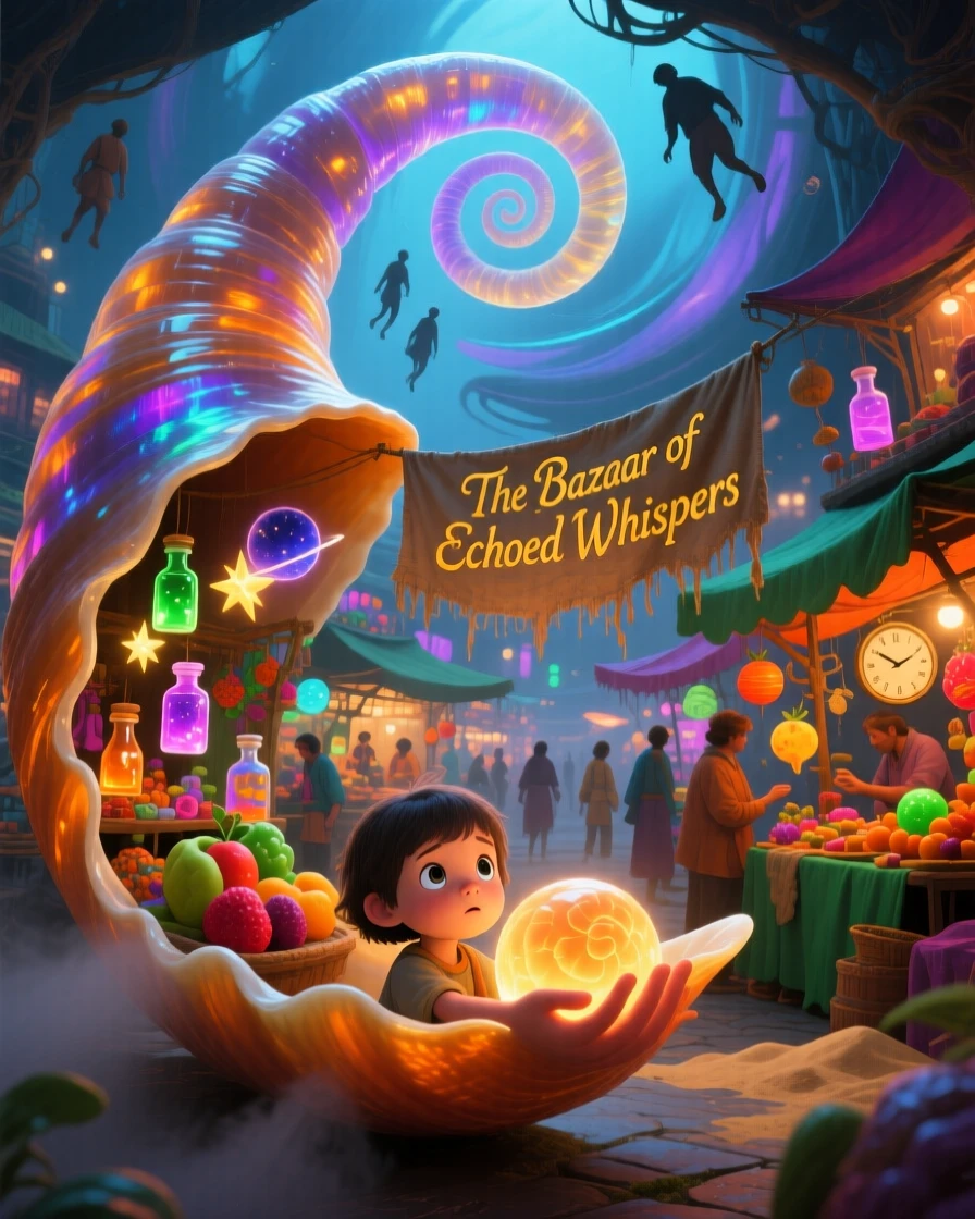 A bustling market thriving inside the curled shell of a snail reveals itself only when held up to the light, while a curious child peers closely to see inside.