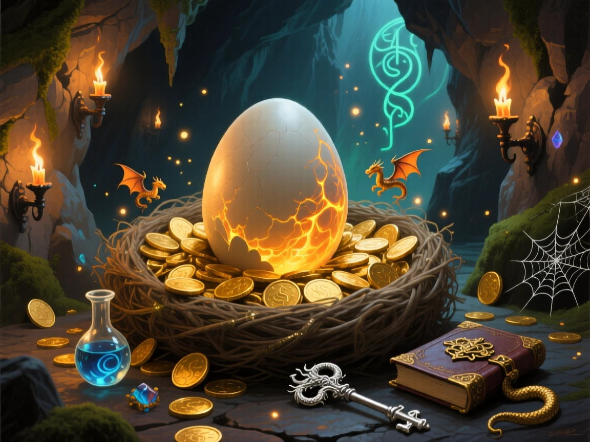 A dragon egg rests in a nest of gold coins deep within a torchlit cave, its shell shimmering faintly with inner warmth, small magical details scattered throughout the scene rewarding a closer look.