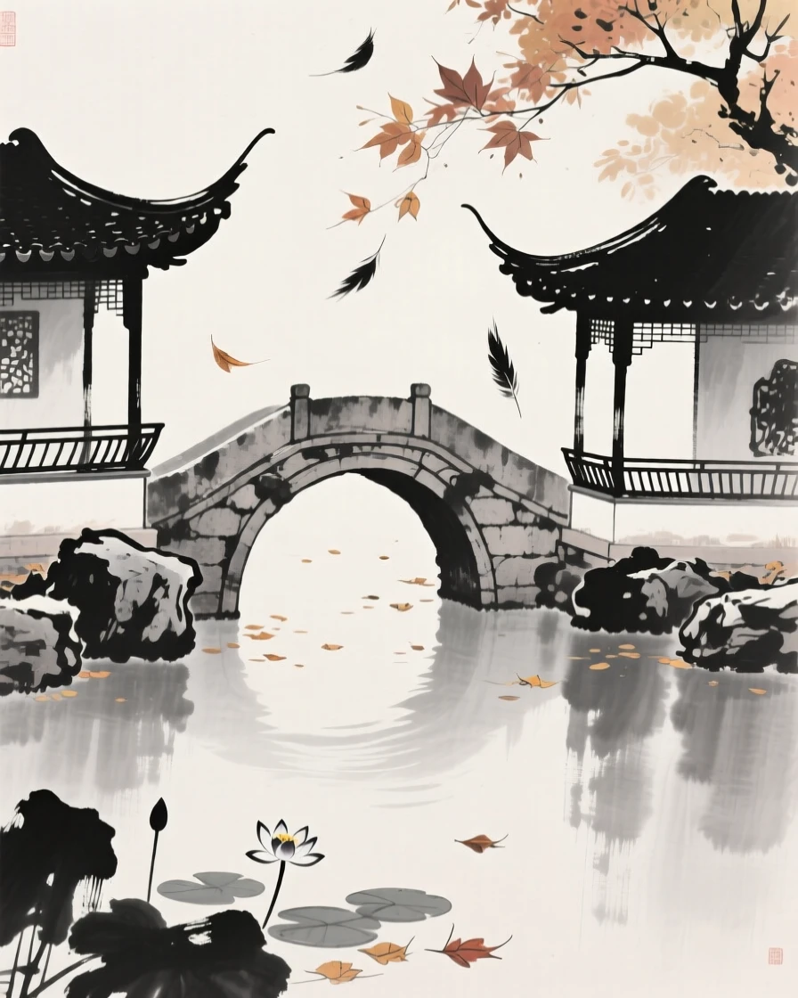 A curved bridge connects two garden pavilions across a lily pond, as autumn leaves drift down onto its worn stones.