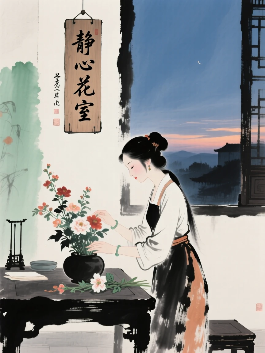 A woman arranging flowers in a quiet study, full of quiet reverence, at dusk.