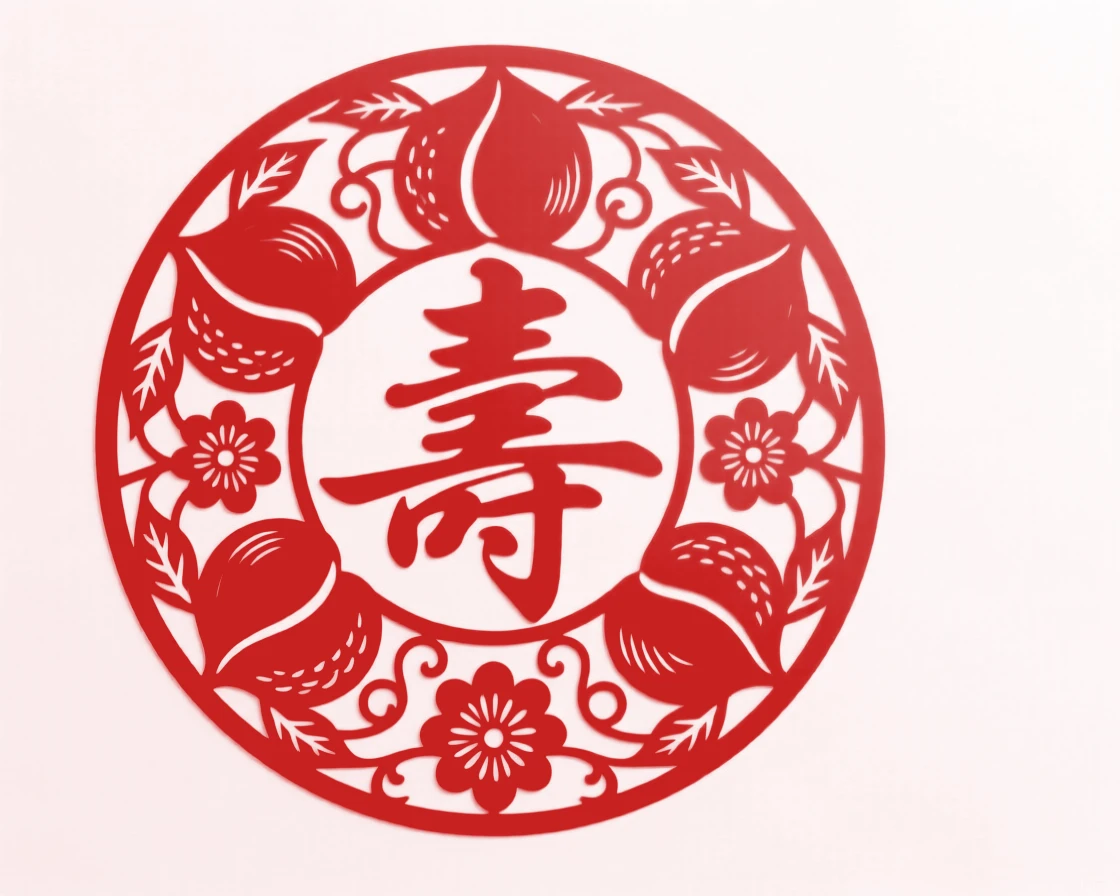 A design of a circular medallion featuring a ring of five peaches around a longevity character, radiating outward from a central focal point.