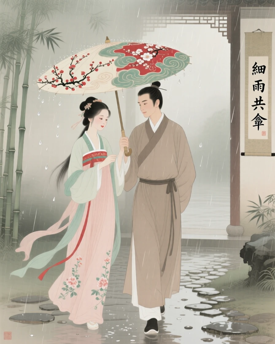 A young couple sharing an umbrella while walking through a light rain