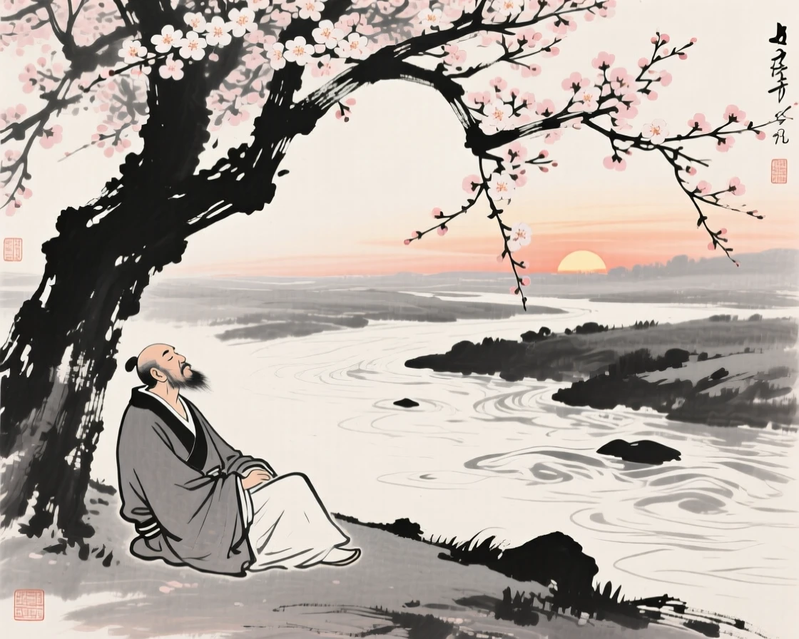A wandering scholar resting beneath the shade of a blossoming tree beside a slow-moving river at sunset, framed intimately, focusing on quiet gesture and expression, capturing an everyday moment full of gentle humanity.