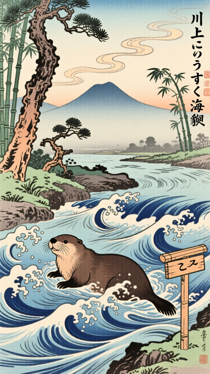 A sea otter swimming upstream through a rushing river.