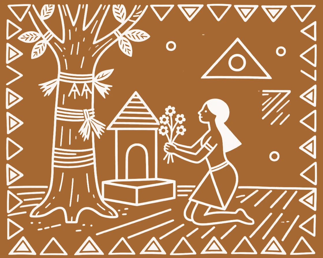 A woman offering flowers at a small shrine beside a sacred tree wrapped in offerings.