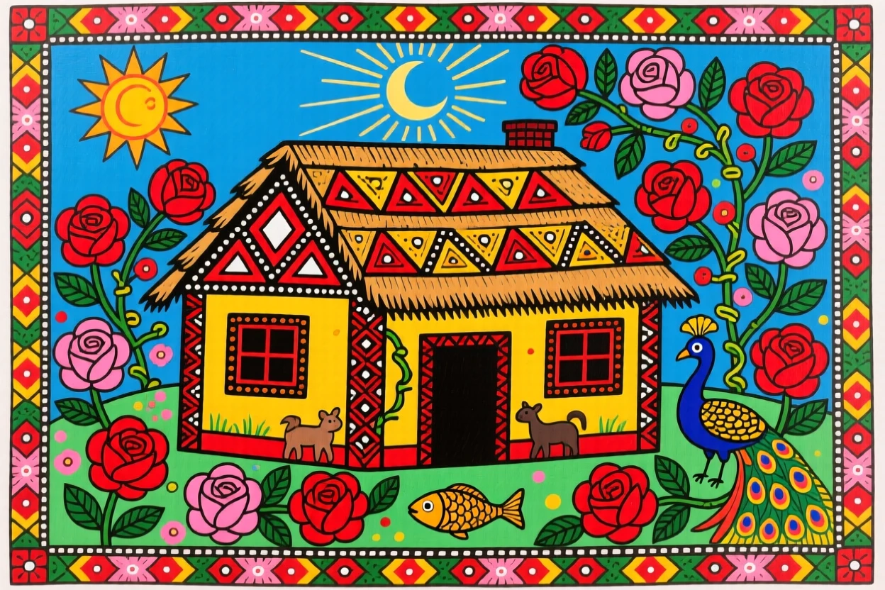 A cozy cottage with a thatched roof surrounded by blooming roses.