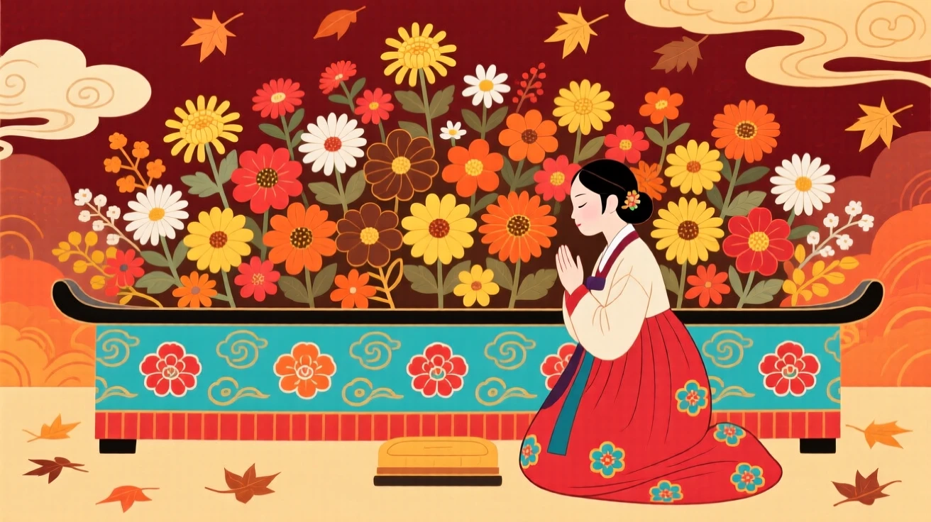 A young empress kneeling before an altar covered in fresh flowers, in the deep colors of autumn.