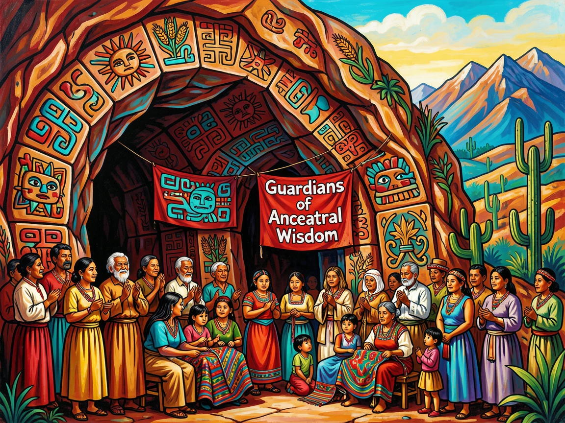 A sacred cave adorned with ancient carved symbols