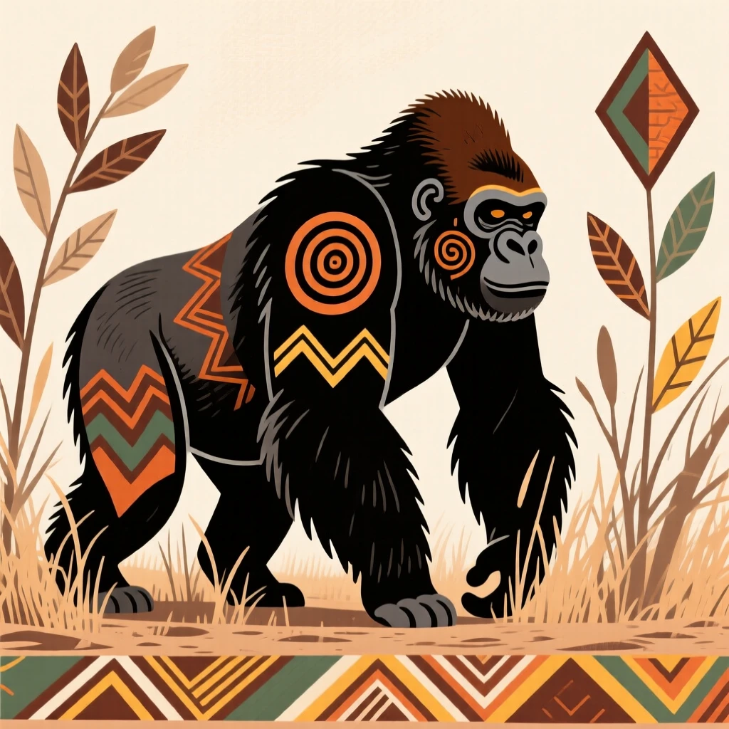 A gorilla padding silently through dry brush.