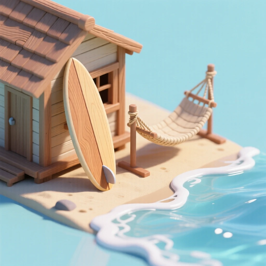 A classic wooden surfboard leaning against a beach shack, waves rolling in gently, and a hammock swaying nearby in the breeze.