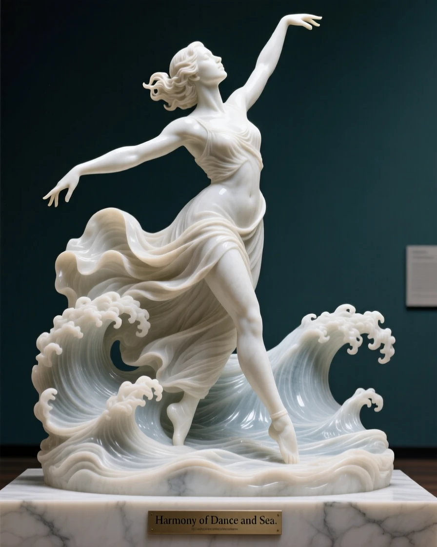 A striking, imaginative composition featuring a dancer whose flowing dress becomes ocean waves, blending realism with dreamlike wonder