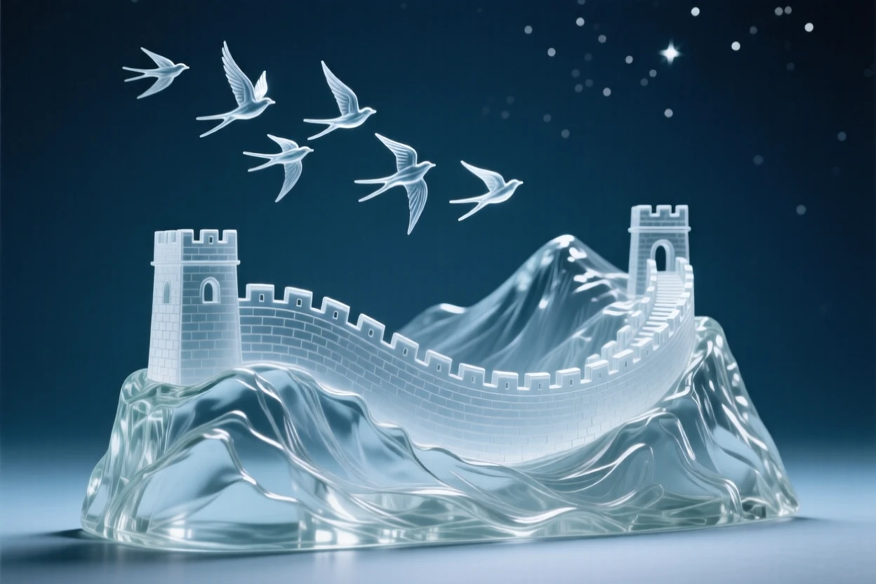 Beneath a canopy of stars just beginning to appear, a fortress wall winding along the ridge of a distant mountain, while a flock of birds wheels above the surrounding rooftops