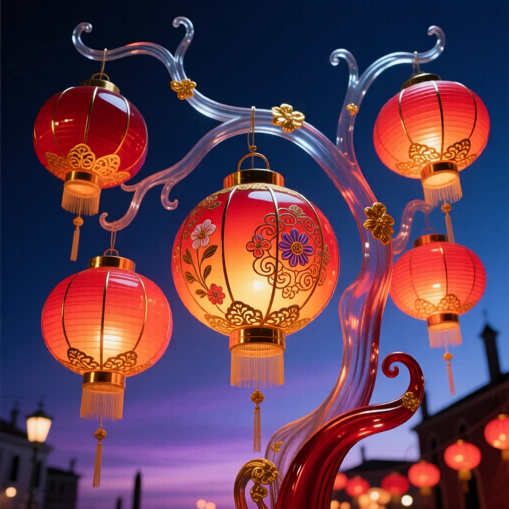 A Chinese lantern festival lighting up a night sky with glowing red lanterns, festive and warm.