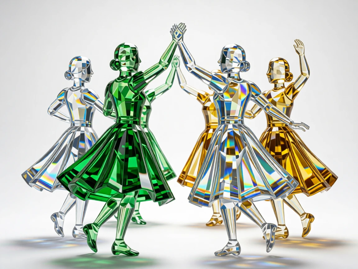 An Irish céilí dance captured with dancers in traditional dress mid-step.