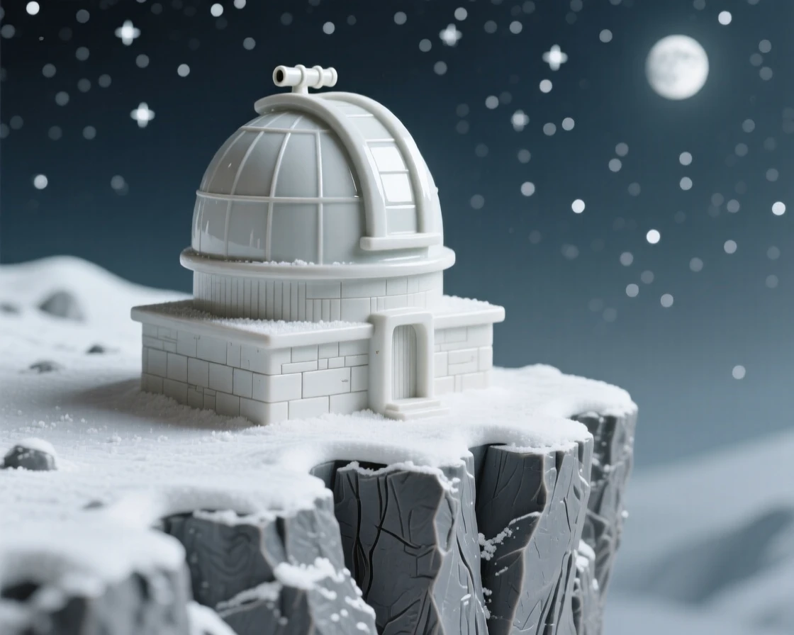 A domed observatory beneath a starry sky perched dramatically at the edge of a cliff, dusted lightly with fresh snow, evoking timeless wonder and quiet grandeur.