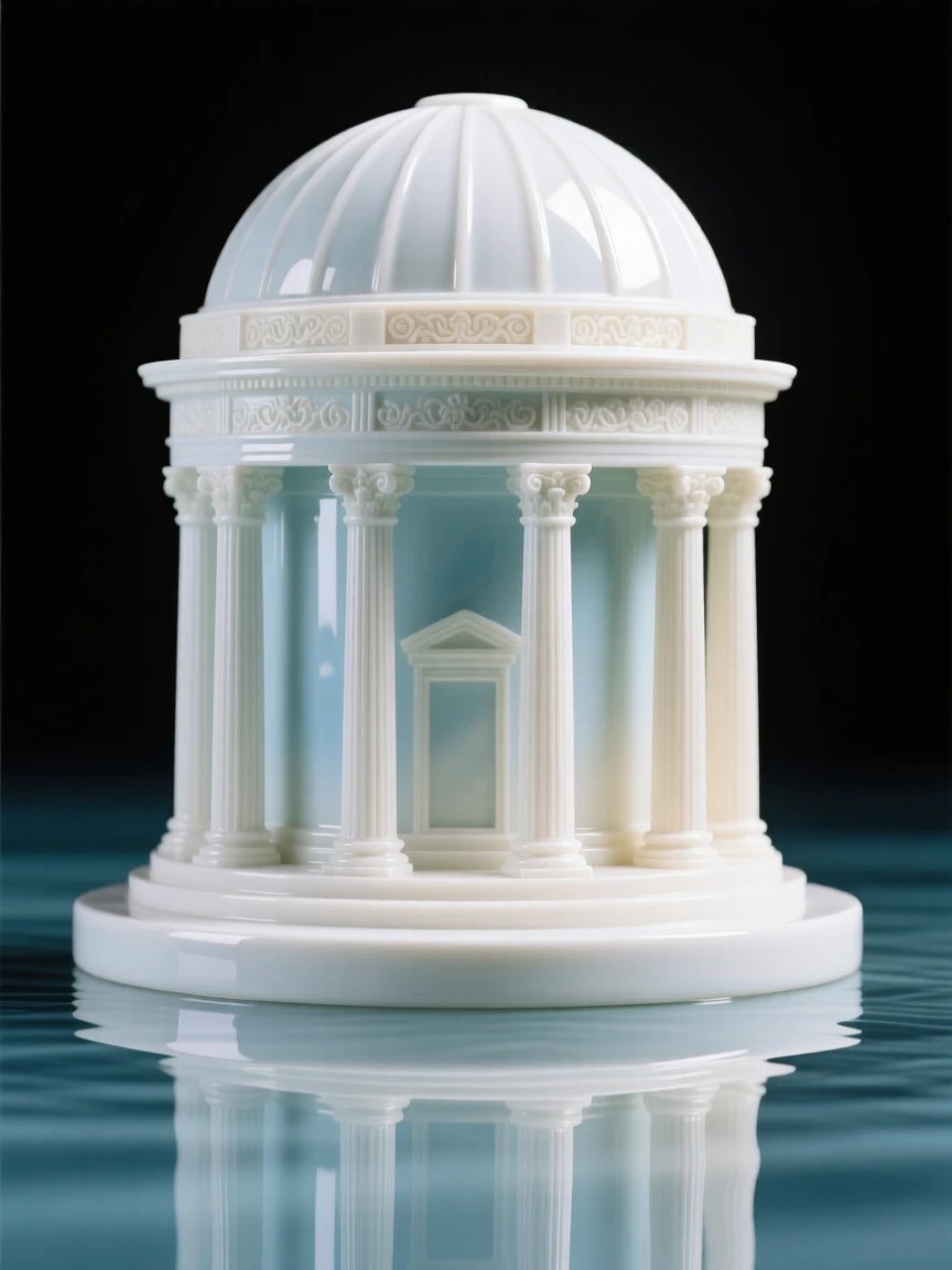 A grand view of a classical domed rotunda, reflected perfectly in still water.