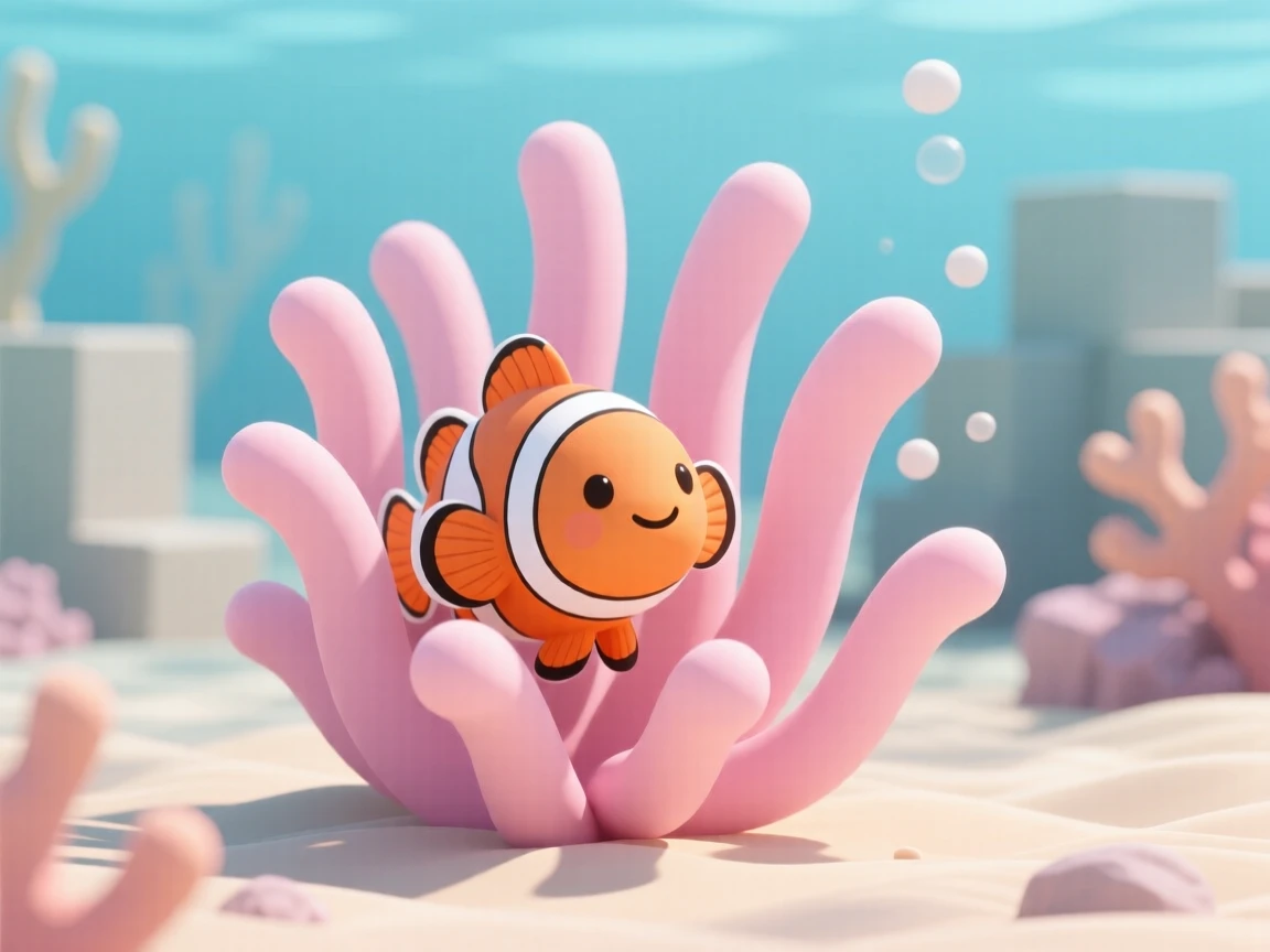 A curious clownfish peeks out from between the waving arms of a pink anemone on a sunlit coral reef.