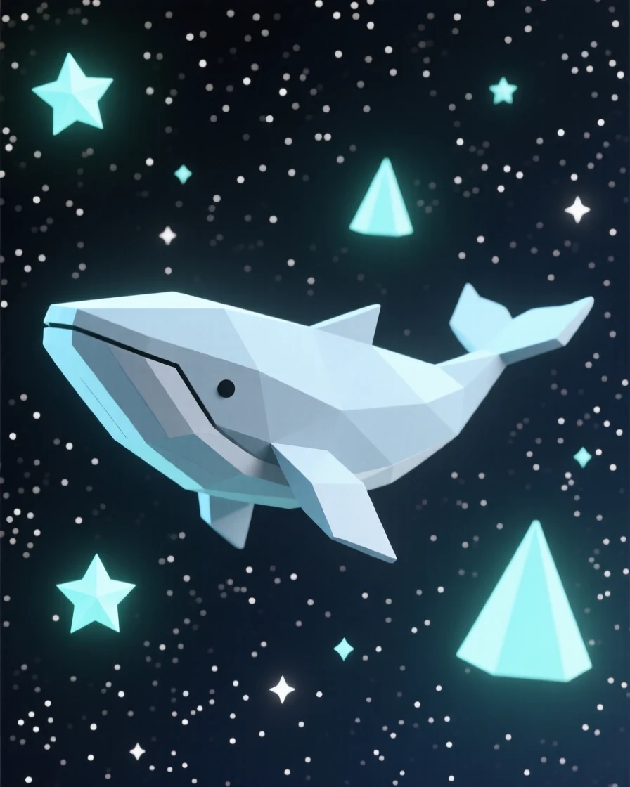A cosmic whale drifting gently through a sea of stars, surrounded by glowing bioluminescent light. fine particle detail adds texture to the vast space. The scene radiates a calm, meditative stillness.