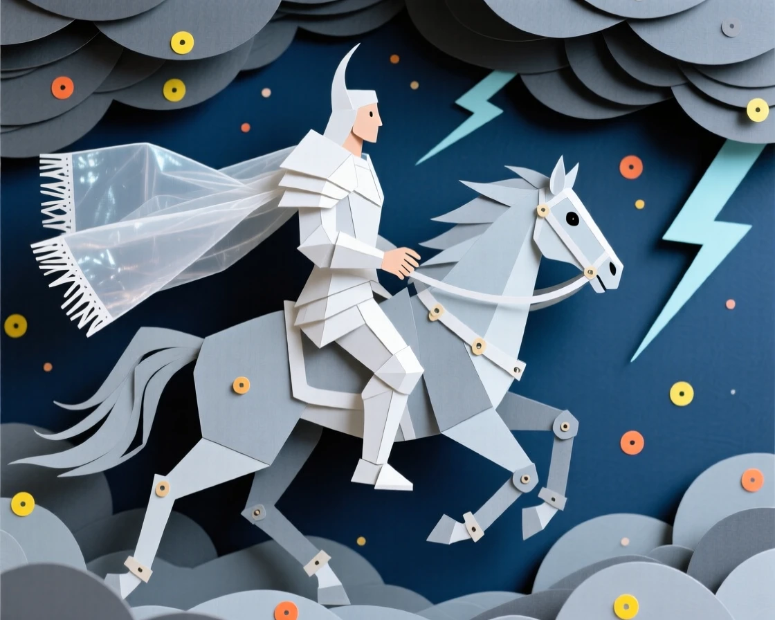 A celestial guardian riding through a storm-lit sky, with glowing particles floating like fireflies, evoking ancient power and mystery.