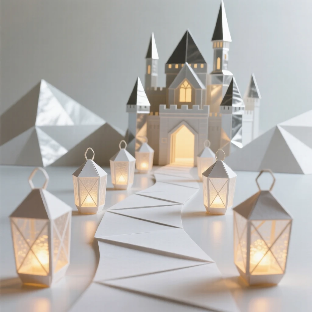 A hidden path lined with glowing lanterns leading toward a distant enchanted castle.