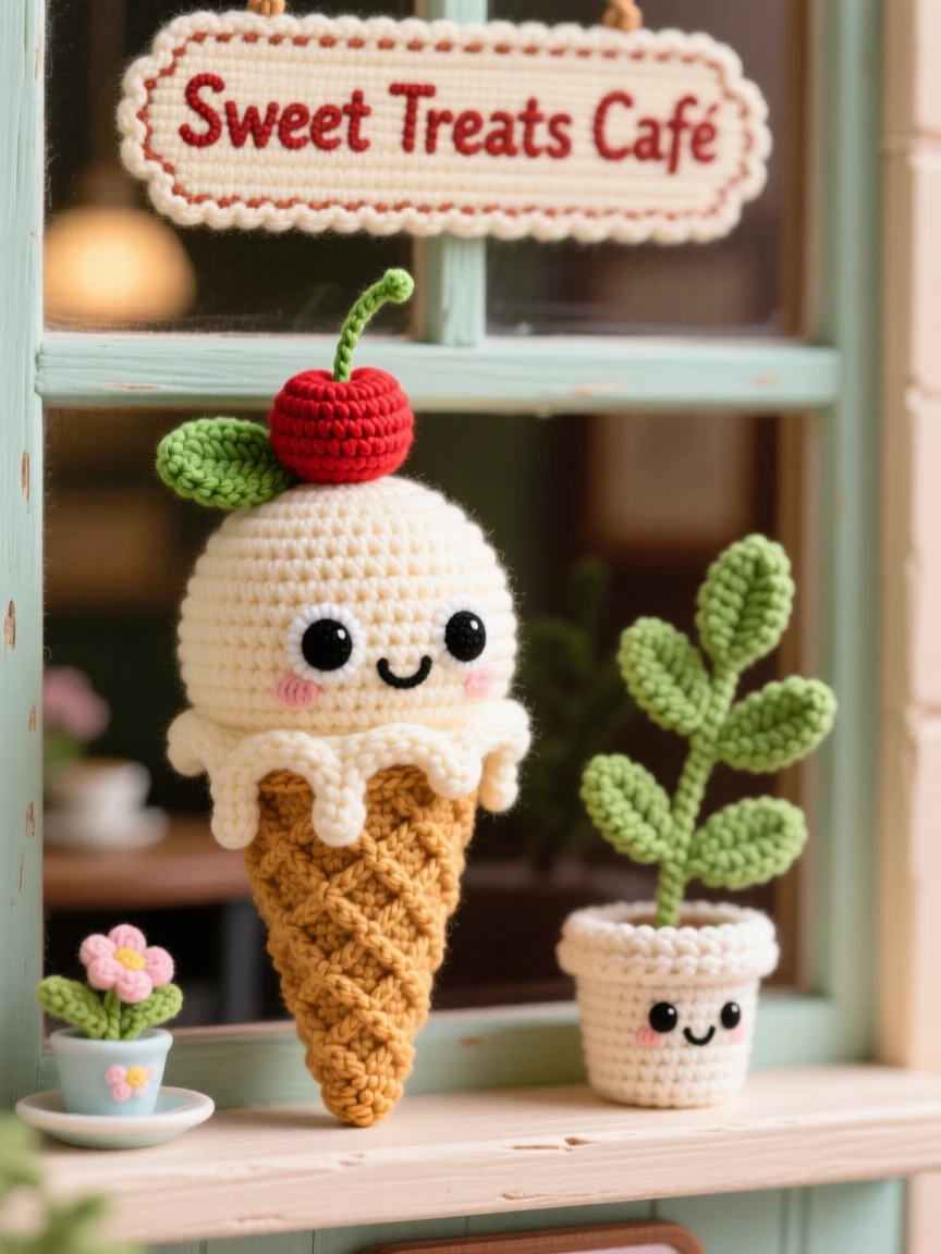 A delightful still-life of a round scoop of ice cream with a cherry balanced on top, melting slightly in a waffle cone within a cheerful cafe window display; a sprig of fresh herbs as garnish nearby, full of a cozy sense of shared treats.