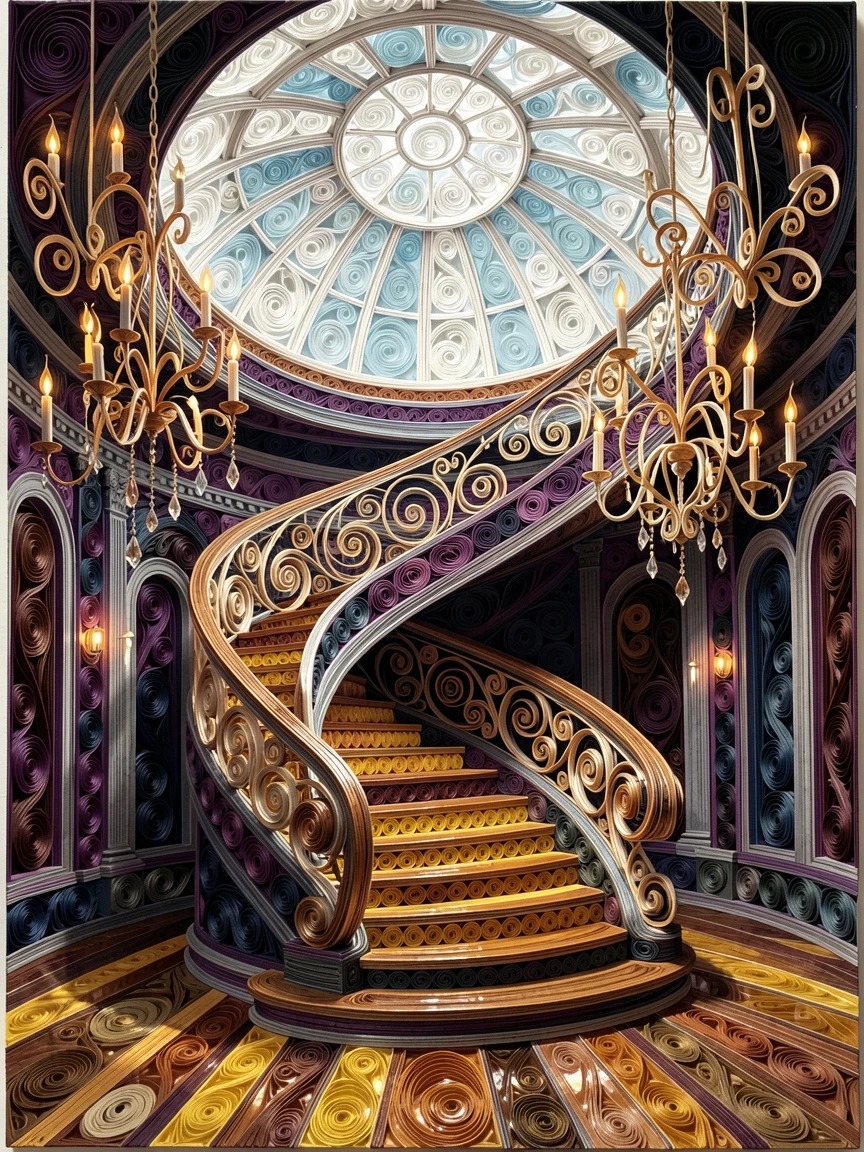 a grand staircase spiraling beneath a domed skylight, in a grand ballroom lit by chandeliers, composed with dramatic, moody lighting, with soft candlelight reflecting off polished surfaces.
