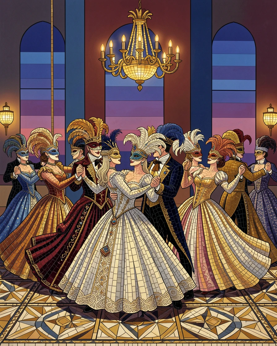 A venetian masquerade ball with dancers in ornate masks and gowns, filled with warm light, motion, and joyful energy.