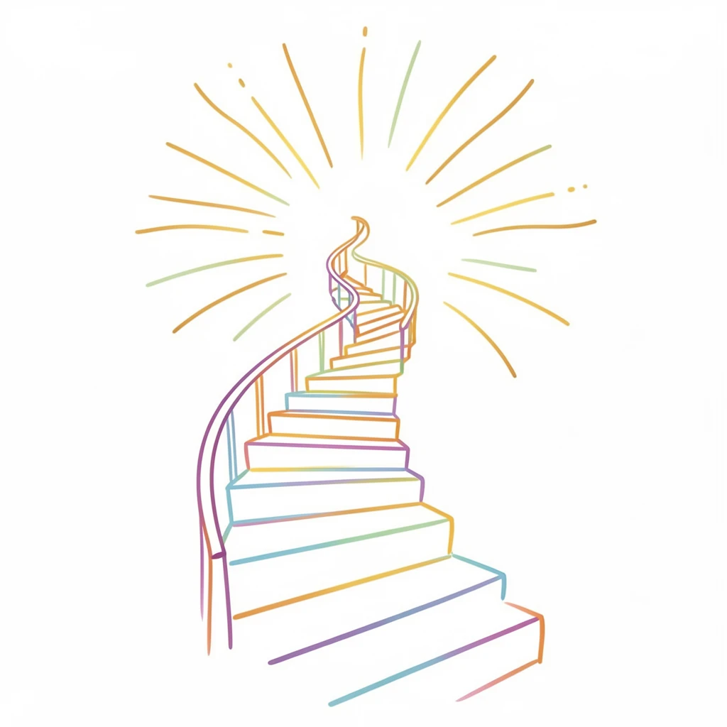 A staircase spiraling upward into a burst of golden light.