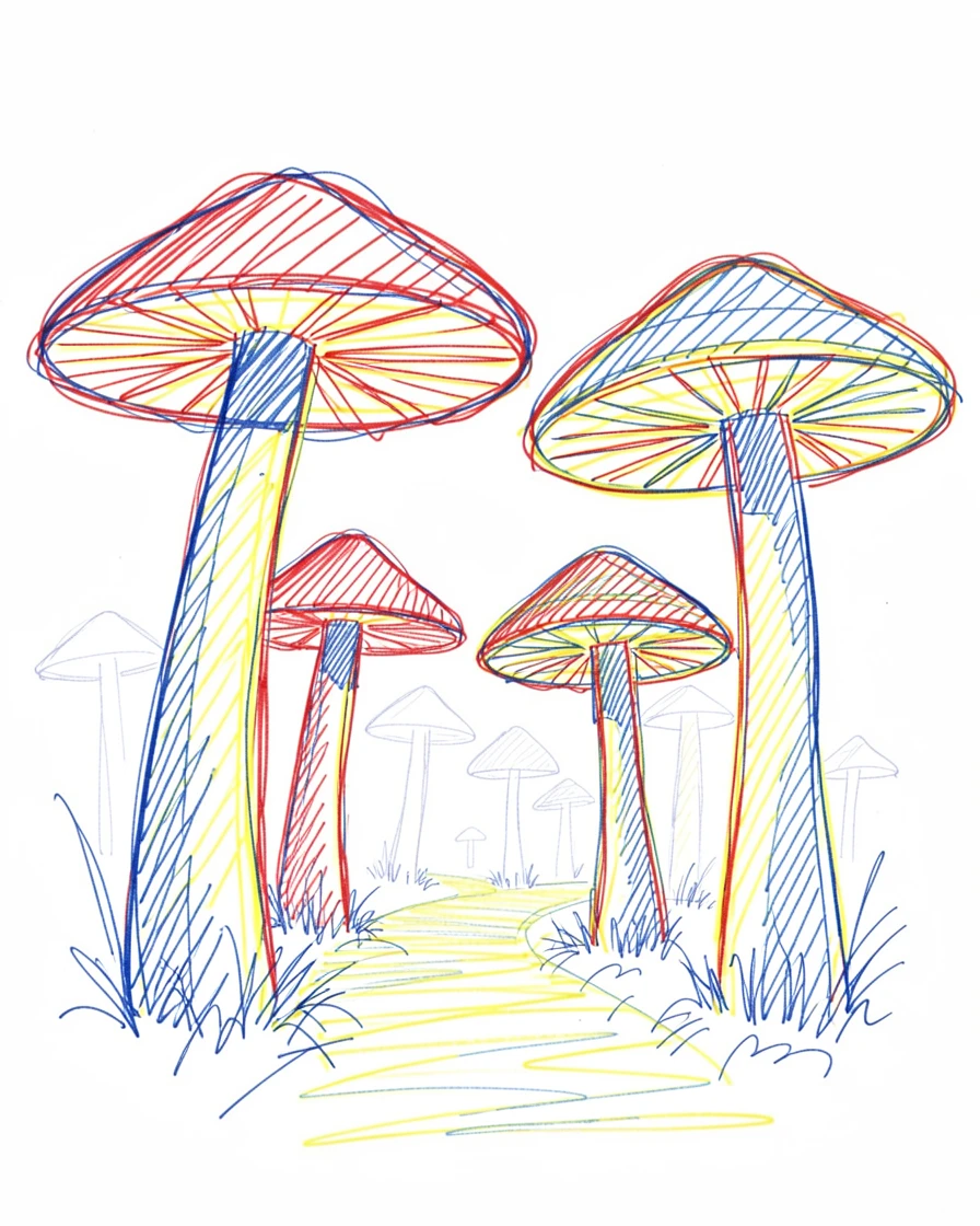A forest of giant glowing mushrooms lighting a path through darkness