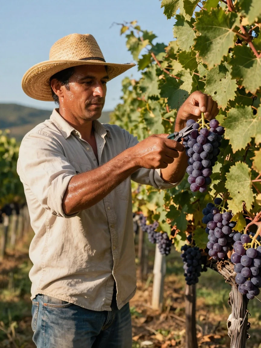 A vineyard worker hand-picking grapes during harvest