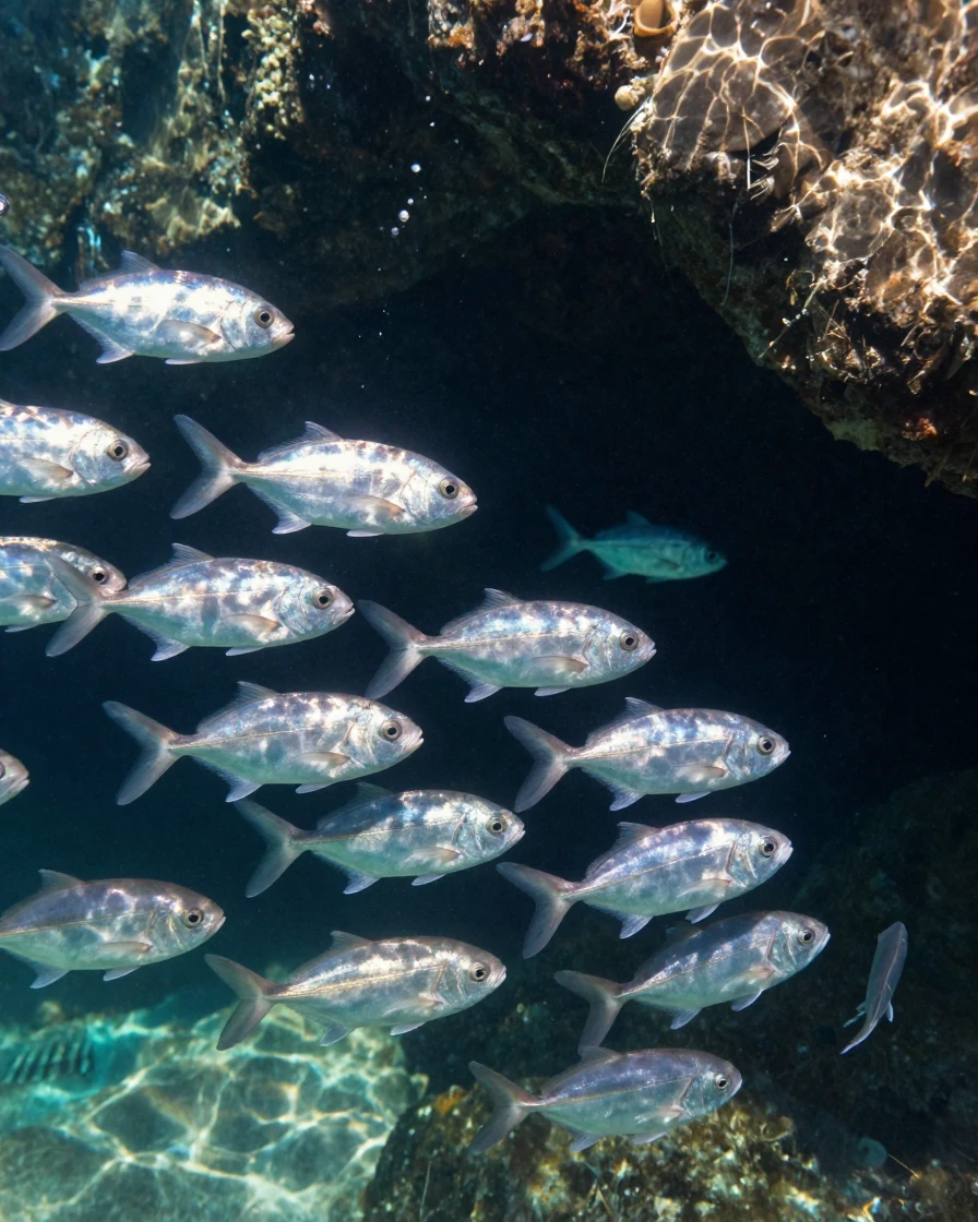 A school of shimmering silver fish drifting quietly near the entrance to a hidden sea cave
