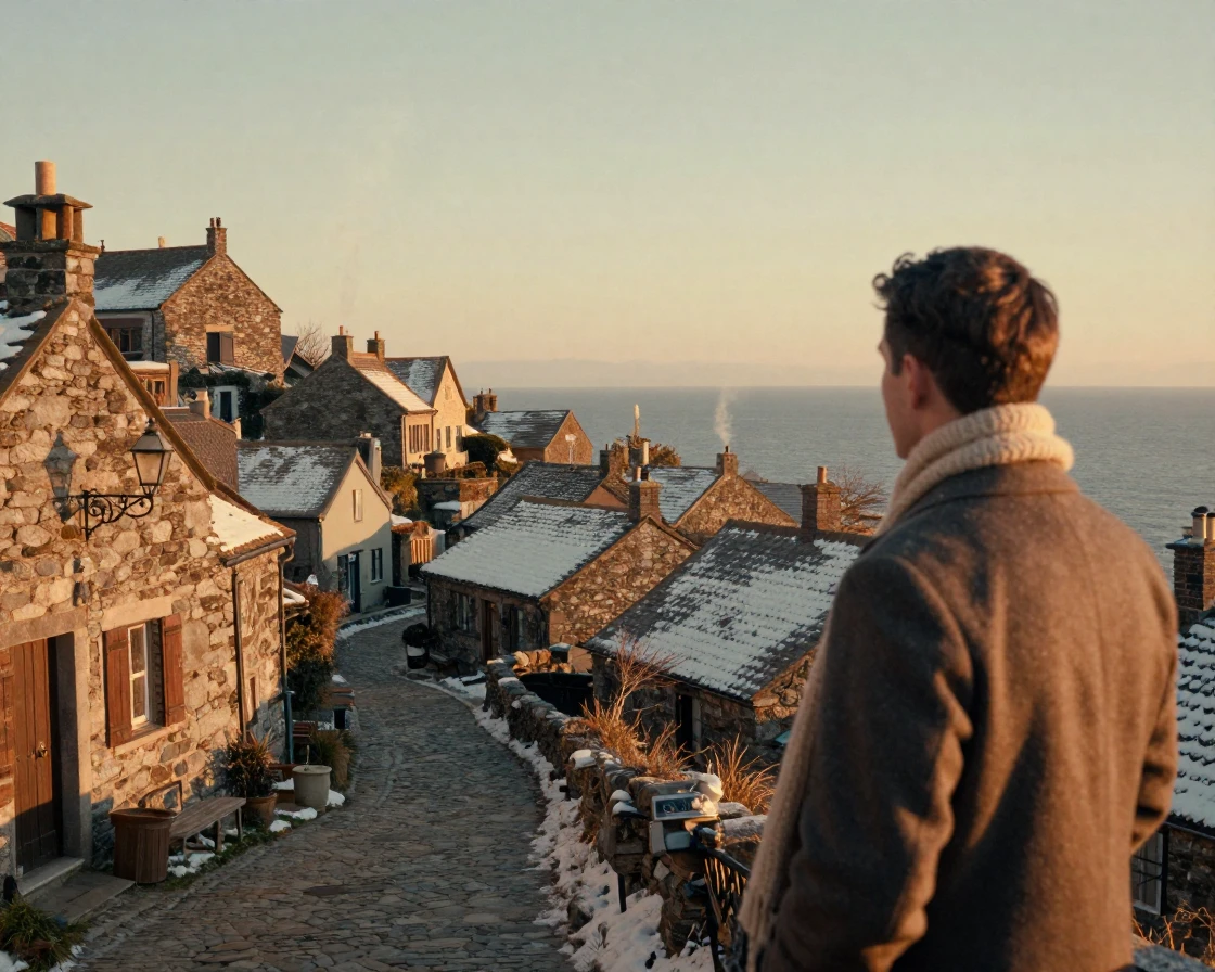 A charming stone village clinging to a hillside above the sea, in the last light of dusk, on a clear, cloudless day, under the first snow of winter, in warm honey and cream tones, over the shoulder of the main subject.