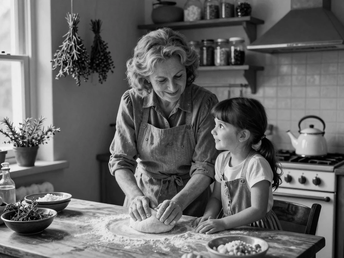 A grandmother kneads dough while her granddaughter watches in a warm kitchen filled with fragrant herbs.